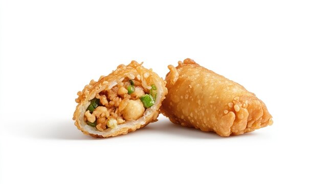 Chiko roll cut open to show savory filling, white backdrop, iconic street snack.