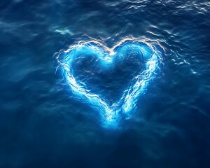 Glowing bioluminescent heart shape appearing in a deep blue ocean
