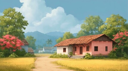 Obraz premium A Peaceful Village Scene Illustration