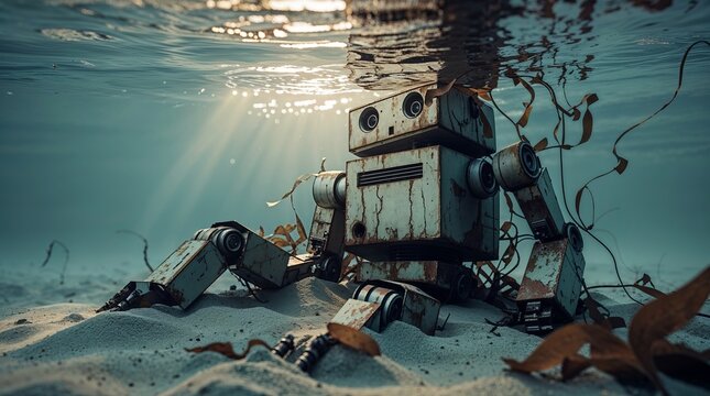 Robot sits on the ocean floor surrounded by seaweed and soft sand illuminated by sunlight filtering through water