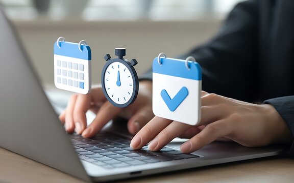 Person typing on laptop with calendar and stopwatch icons hands