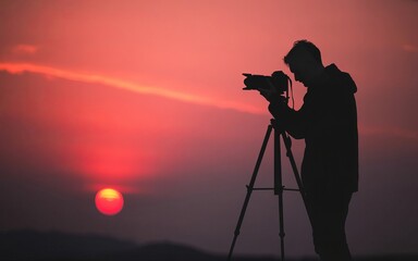 Silhouette of a photographer taking sunset pictures with a digital camera and tripod