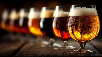 A vibrant lineup of craft beers showcases a spectrum of golden and amber hues on a rustic wooden table.