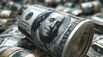 Stacks of rolled currency are arranged over a surface, highlighting one roll prominently. Benjamin Franklin's portrait is clearly visible on the surface of the bills.