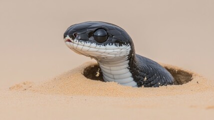 Glossy Black Snake Emerges from Sandy Burrow, Close-Up Wildlife Portrait