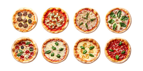Pack Collection Delicious Pizza Variety Eight Gourmet Pies set against transparent background