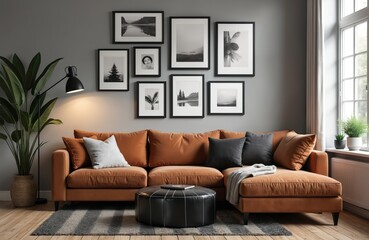 Trendy eclectic living room interior. Brown couch, black pouf, elegant design. Gallery wall with frames, decorative plants. Stylish home decor, cozy bright apartment design.
