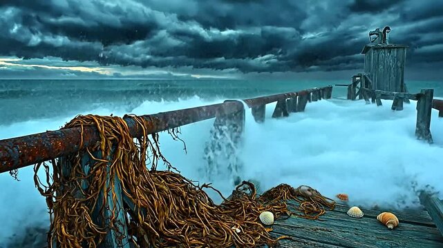 Stormy seascape with a weathered pier, shells scattered, and turbulent waves crashing