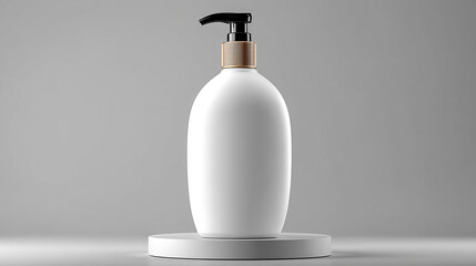 A sleek white pump bottle with a black and gold dispenser stands elegantly on a minimalist white pedestal in a clean studio setting.