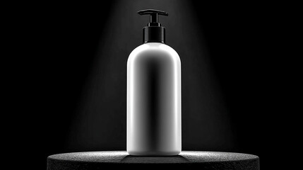 A modern white cosmetic pump bottle is showcased with dramatic lighting on a dark, minimalist background.