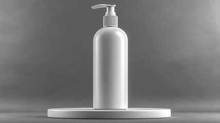 A sleek white pump bottle stands elegantly on a minimalist pedestal, highlighted against a smooth grey studio background.