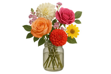 Colorful floral arrangement featuring roses, dahlias blooming in transparent glass vase against white background
