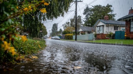 Obraz premium Heavy rain falls on a residential street lined with houses and trees. Puddles form on the asphalt while the atmosphere feels tranquil and dreary in the gray light.