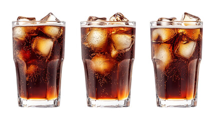 Pack Collection Refreshing Cola Drinks Iced Cola in Glasses Closeup Photography set against transparent background