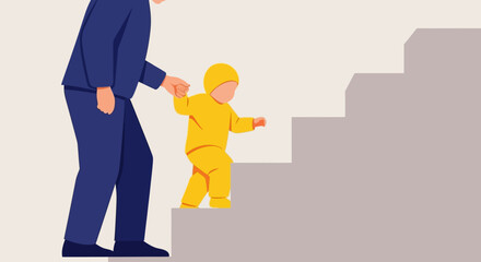 An adult assists a toddler in climbing a set of concrete stairs.
