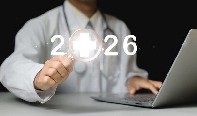 A medical worker fills  holding a magnifying glass to focus on marketing goals for 2026, setting marketing goals for next year. organization growth Setting guidelines for doing business.