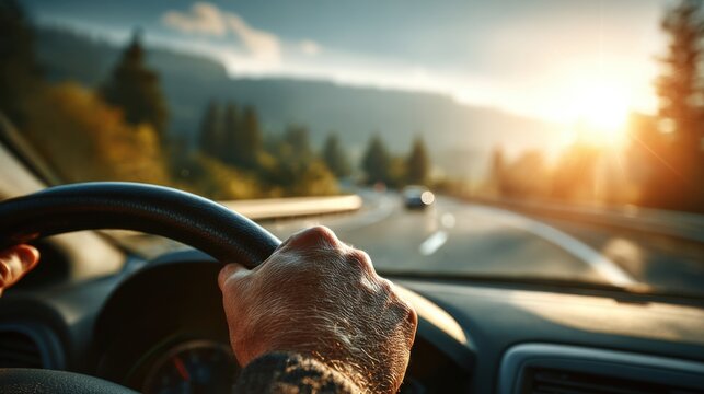 A person grips the steering wheel while driving on a winding highway surrounded by trees and mountains. The sun sets, casting a warm glow over the landscape.