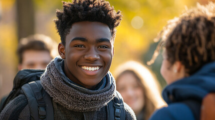 A cheerful young Black student smiles brightly, embodying happiness and connection on a vibrant autumn day.