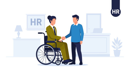 Man in a wheelchair shaking hands with a standing man in an office setting.