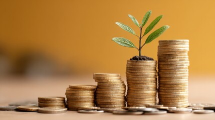 Stacked coins in varying heights with a small green plant sprouting from the top coin symbolize financial growth and investment. Soft light highlights the scene, enhancing its significance.