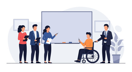 Group of business people in a meeting, one in a wheelchair, presenting to a whiteboard.