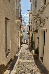 Obraz premium Empty narrow streets of Cadaqués, Spain, with white houses and clear blue sky. The peaceful historic town center is beautifully captured without any people, highlighting its charm and tranquility.