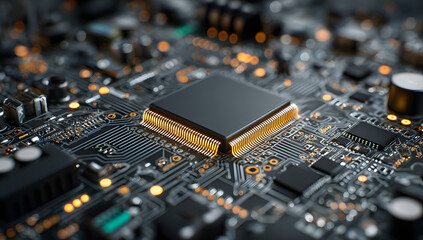 Close-up of circuit and computer motherboard on a high-tech background.