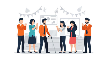 Colleagues celebrate a visually impaired coworker's achievement in a festive office setting.