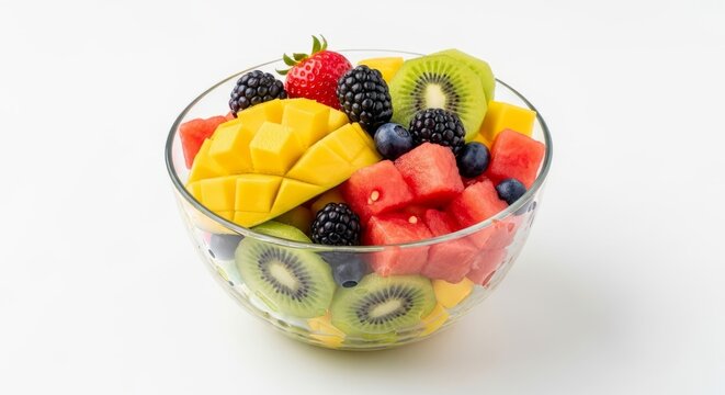 Colorful fruit salad bowl features fresh mango, kiwi, watermelon, and mixed berries - Powered by Adobe
