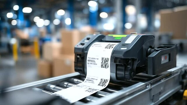 Close-up of shipping label printing, thermal printer in motion as product ID and tracking code emerge on sticker.
