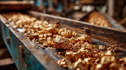 Shiny gold nuggets are scattered along a conveyor belt in a mining facility, showcasing the raw materials being processed during daylight. The setting indicates ongoing extraction activities.