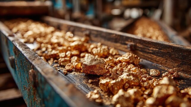 Shiny gold nuggets are scattered along a conveyor belt in a mining facility, showcasing the raw materials being processed during daylight. The setting indicates ongoing extraction activities.