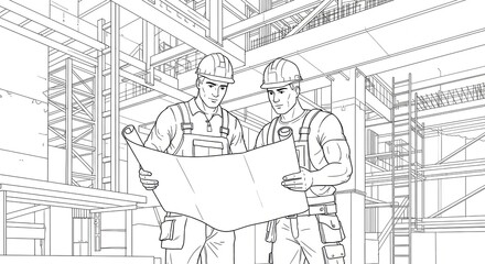 Construction workers analyzing blueprints on building site  