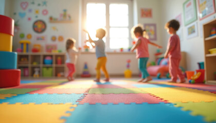 Obraz premium Blurred view of children play in kindergarten. Colorful playroom with toys, happy kids in background. Education, childhood, daycare, school, preschool atmosphere.