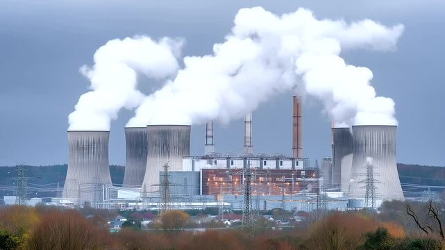 Coal power plant towers emit thick plumes of smoke into overcast sky, symbolizing industrial emissions and fossil fuel dependence.