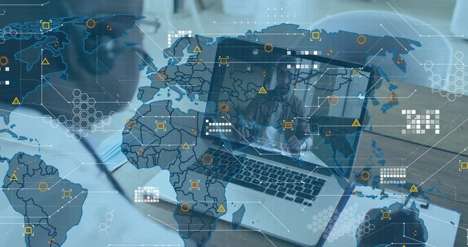 Businessman launching virtual call and jotting analysis notes as map overlay populating regions