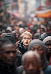 europe immigrants,  a young blond man in a crowd of immigrants
