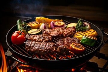 Delicious pork steaks and grilled vegetables cooking on a barbecue grill over hot coals