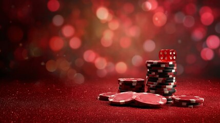 Red Casino Chips and Dice on a Glittery Surface