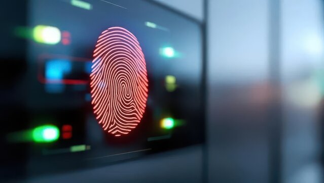 Digital Fingerprint Scanning: A close-up view of a biometric fingerprint scan on a futuristic device, highlighting the intersection of technology and security - Powered by Adobe