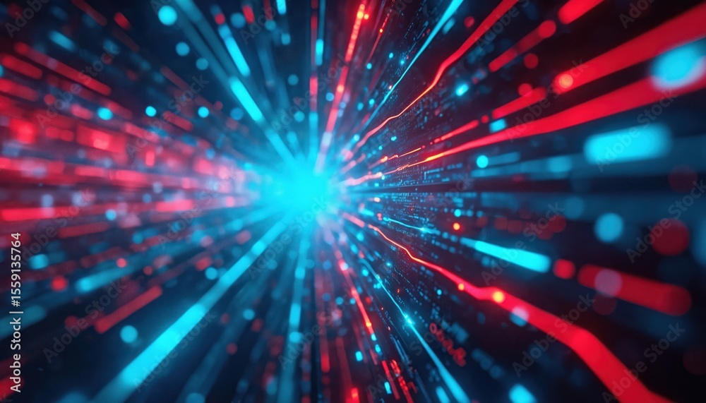 Poster Abstract digital illustration featuring bright blue and red lines. Dynamic composition creates futuristic tech data visualization. Network, connection, speed, innovation, cyber security tech concept.