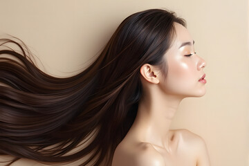Fototapeta premium Sensual closeup of one beautiful woman with long, clean brunette hair and fresh skin, showcasing her natural beauty and glamorous makeup