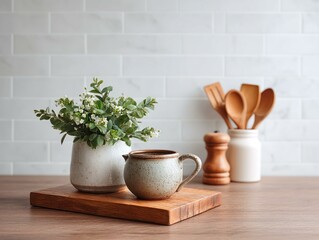 Rustic Kitchen Decor Display with Ceramic Coffee Mug