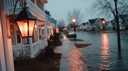 An illuminated porch lantern casts a warm glow over a rain-soaked, flooded street at dusk