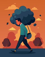 Every step he took felt heavy and burdened as if the weight of his dark thoughts were pulling him down.. Vector illustration