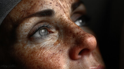 An intimate macro view highlights the unique beauty of a person's freckled face and expressive eye.