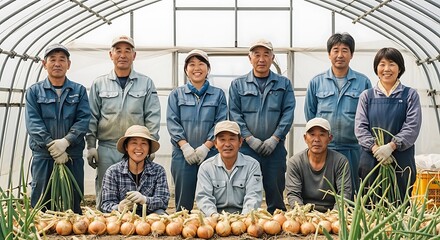 Hardworking Farmers Posing Proudly with Their Onion Harvest in a Greenhouse