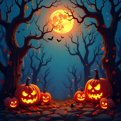 Fototapeta premium Glowing Pumpkins Under a Full Moon in a Spooky Autumn Forest