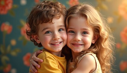 Fototapeta premium Young brother sister embrace sharing happy moment. Cute children smiling, looking at camera. Blond girl with curly hair hug little boy. Two kids portrait. Childhood fun family love.