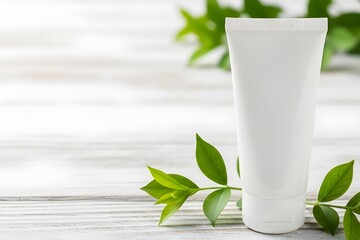 White Eco-Friendly Tube Mockup with Green Leaves on White Wooden Background
